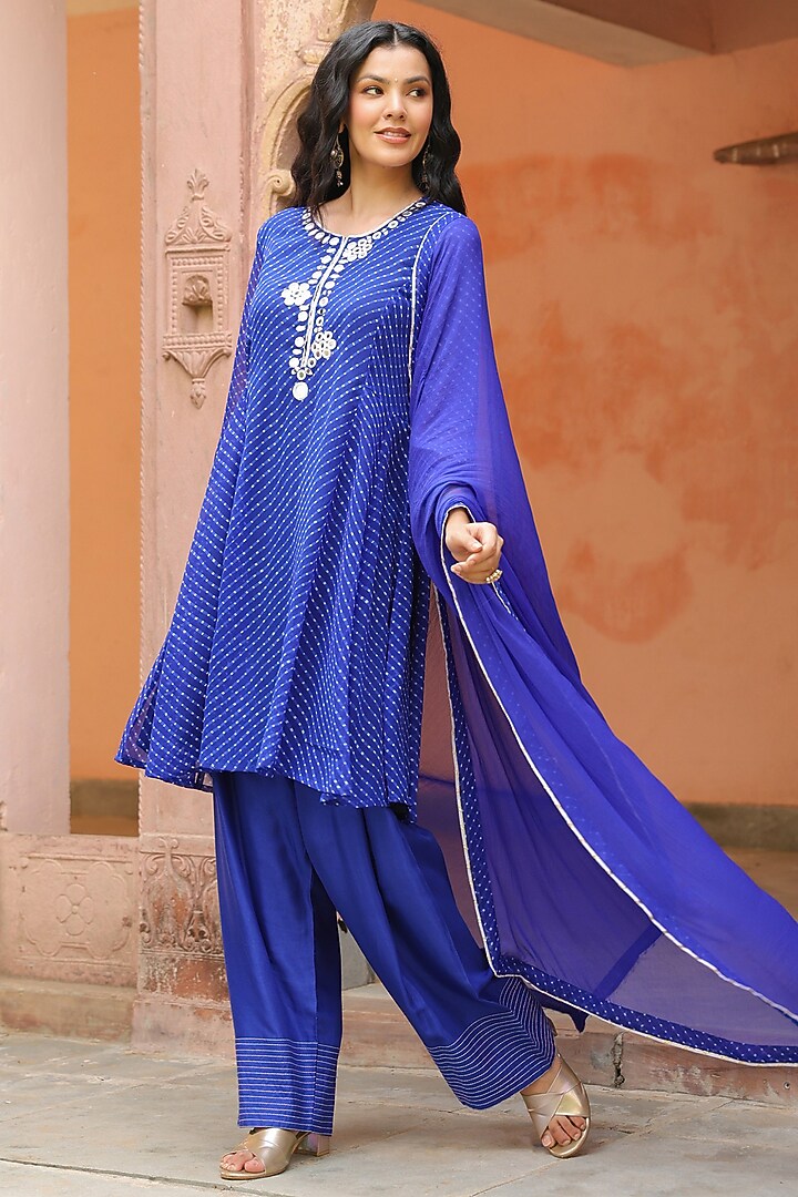 Royal Blue Georgette Mohtra Printed Tiered Short Anarkali Set by Scakhi Luxe at Pernia's Pop Up Shop