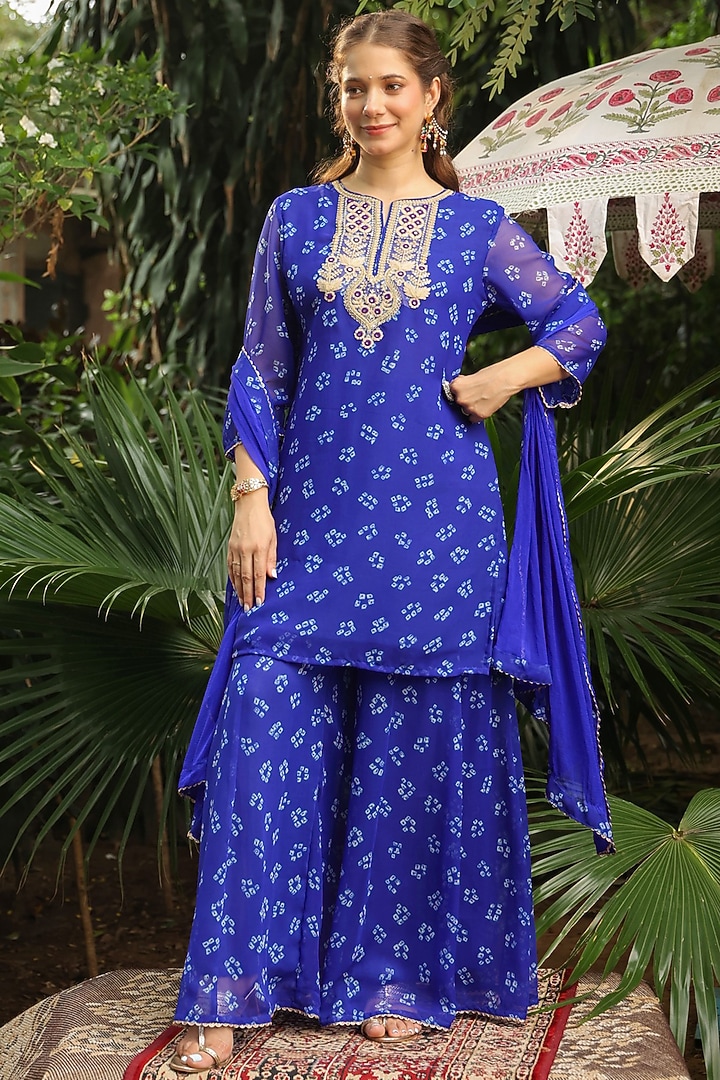Royal Blue Georgette Bandhani Printed Kurta Set by Scakhi Luxe at Pernia's Pop Up Shop