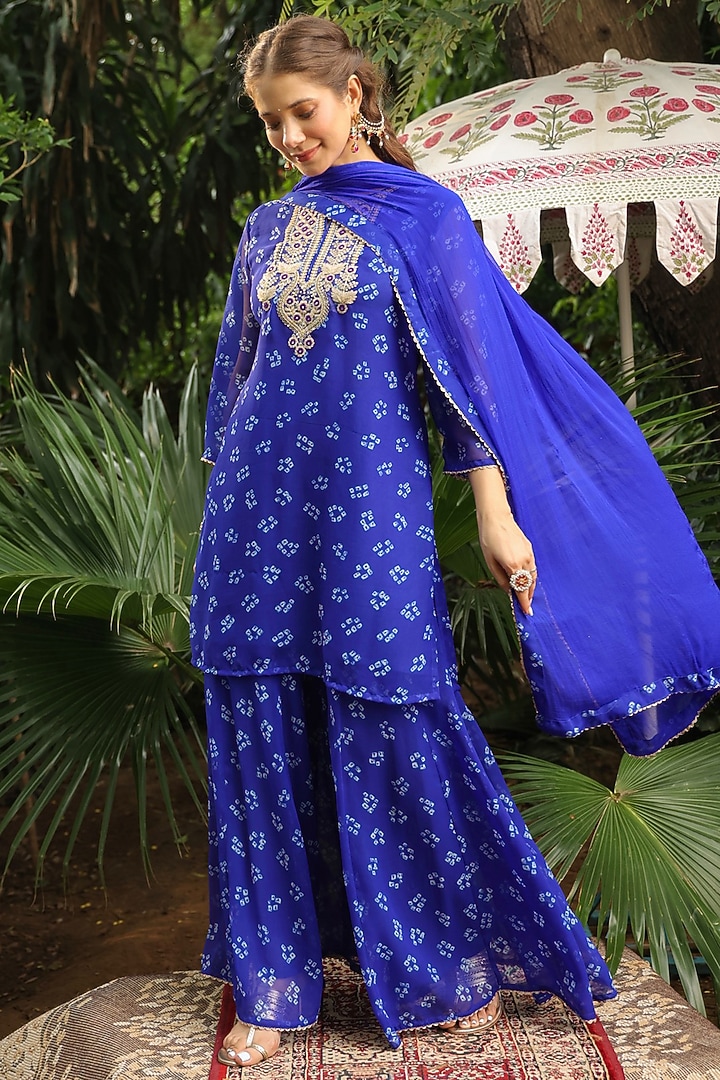 Royal Blue Georgette Bandhani Printed Kurta Set by Scakhi Luxe at Pernia's Pop Up Shop
