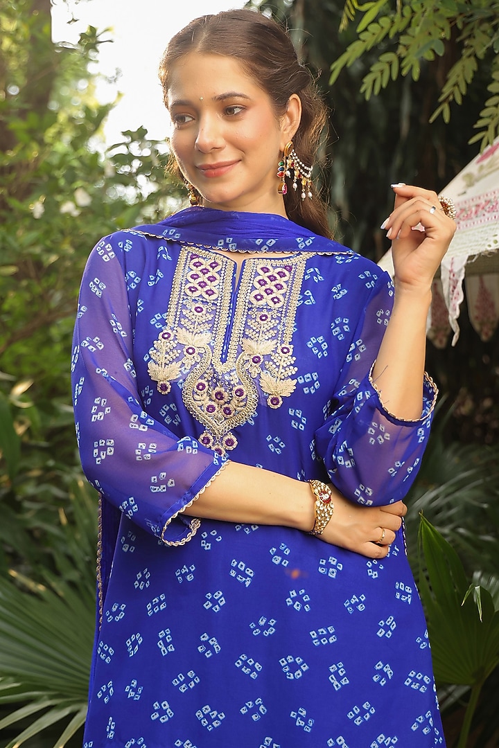 Royal Blue Georgette Bandhani Printed Kurta Set by Scakhi Luxe at Pernia's Pop Up Shop