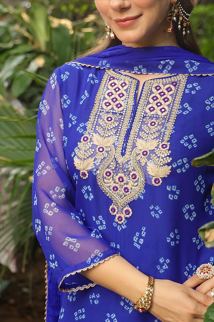 Royal Blue Georgette Bandhani Printed Kurta Set by Scakhi Luxe at Pernia's Pop Up Shop