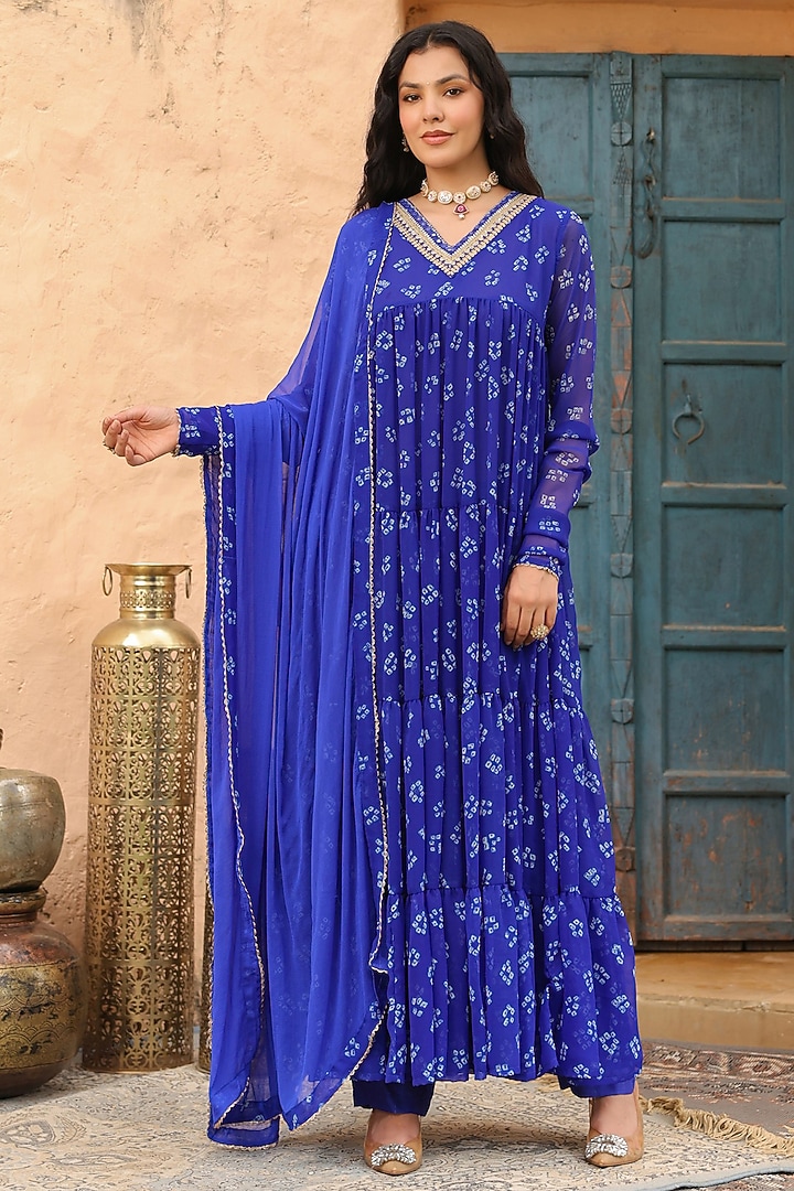 Royal Blue Georgette Bandhani Printed Tiered Anarkali Set by Scakhi Luxe at Pernia's Pop Up Shop