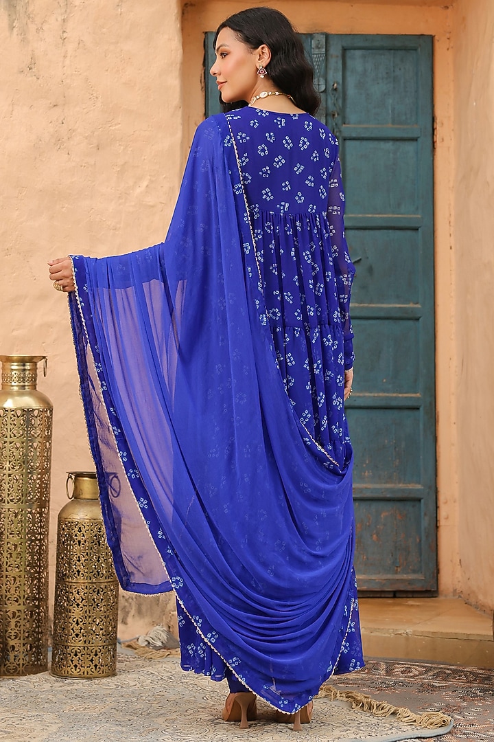 Royal Blue Georgette Bandhani Printed Tiered Anarkali Set by Scakhi Luxe at Pernia's Pop Up Shop