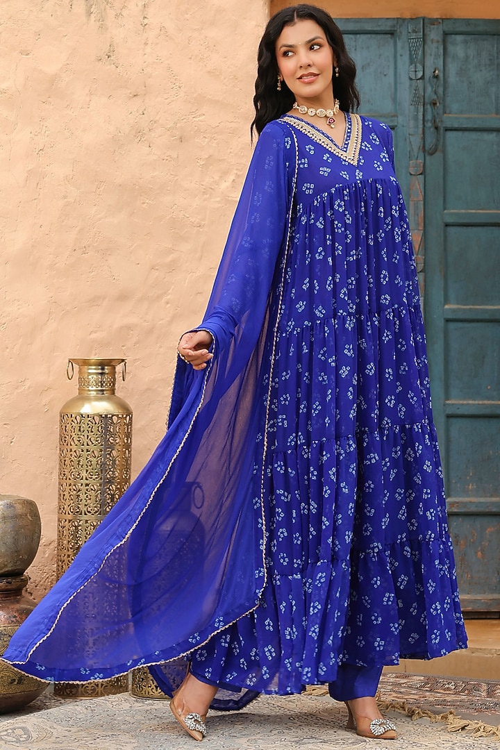 Royal Blue Georgette Bandhani Printed Tiered Anarkali Set by Scakhi Luxe at Pernia's Pop Up Shop