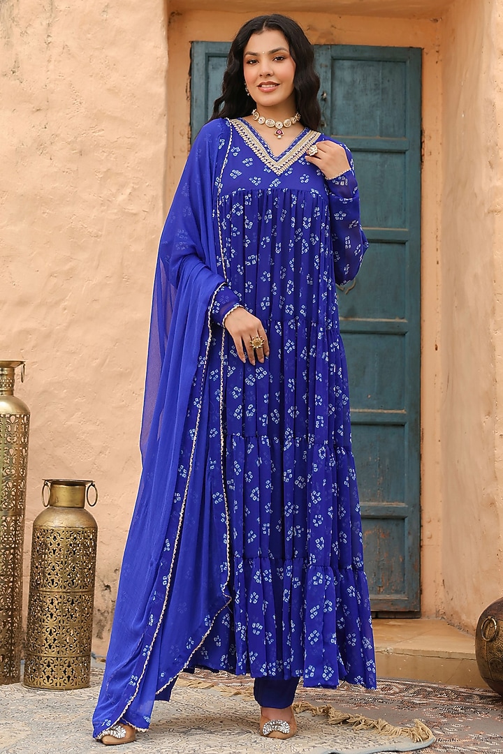 Royal Blue Georgette Bandhani Printed Tiered Anarkali Set by Scakhi Luxe at Pernia's Pop Up Shop