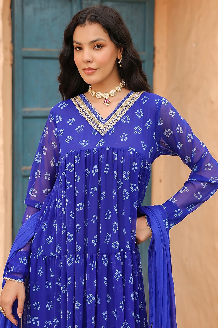 Royal Blue Georgette Bandhani Printed Tiered Anarkali Set by Scakhi Luxe at Pernia's Pop Up Shop
