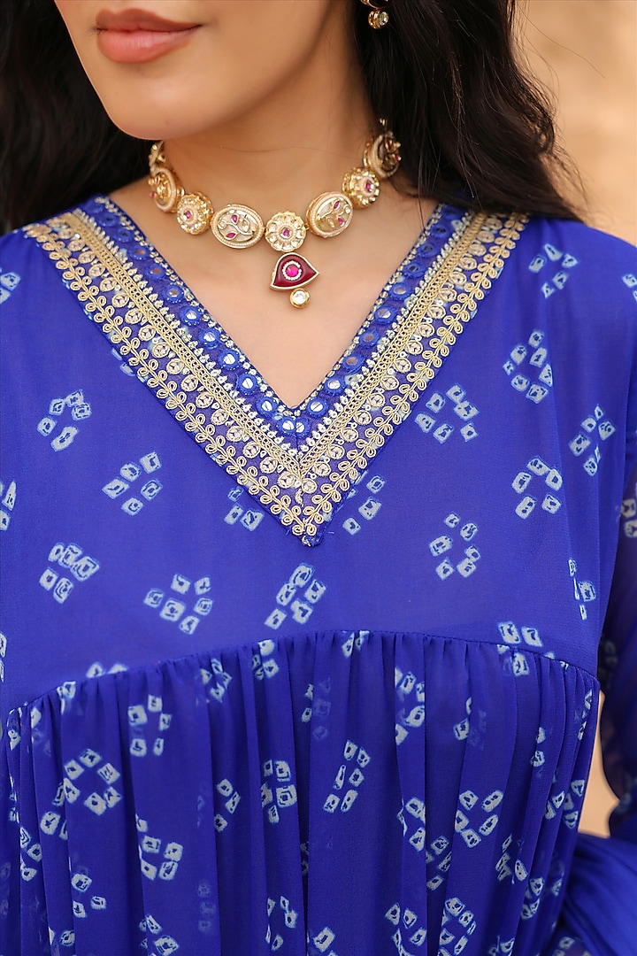Royal Blue Georgette Bandhani Printed Tiered Anarkali Set by Scakhi Luxe at Pernia's Pop Up Shop