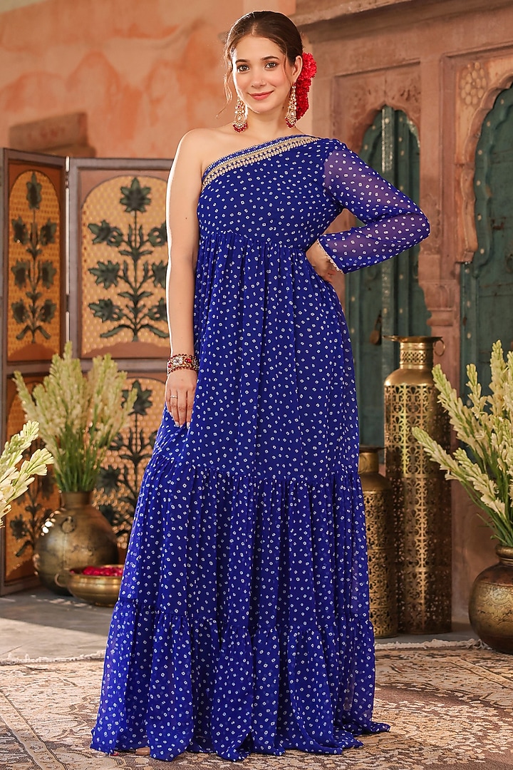 Blue Georgette Bandhani Printed One-Shoulder Maxi Summer Dress by Scakhi Luxe at Pernia's Pop Up Shop