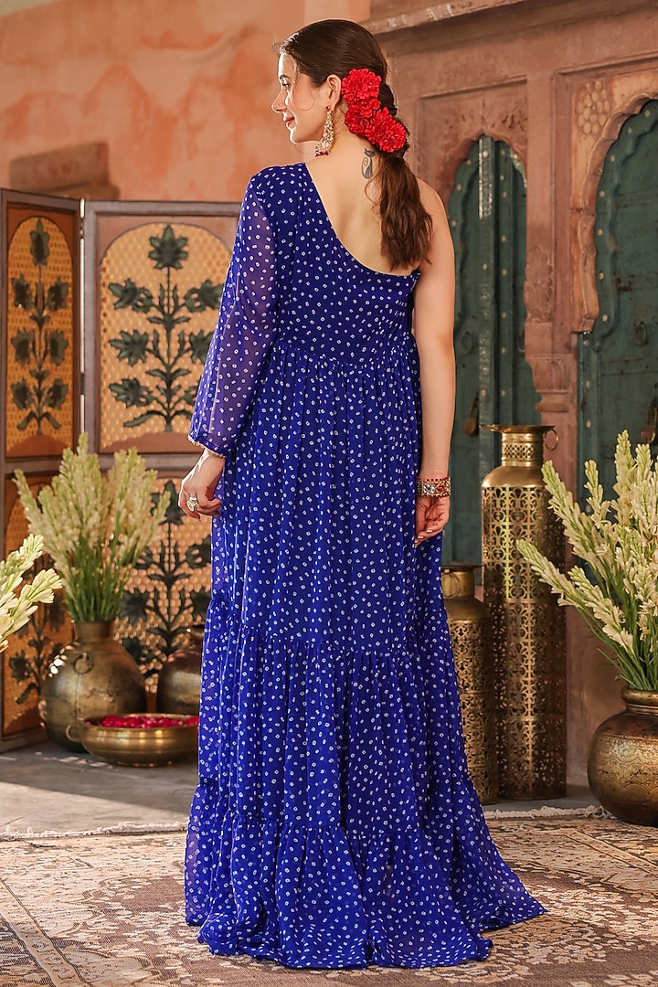 Blue Georgette Bandhani Printed One-Shoulder Maxi Summer Dress by Scakhi Luxe at Pernia's Pop Up Shop