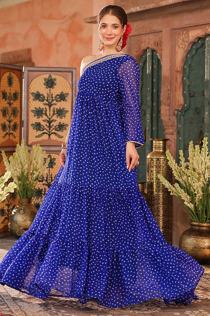 Blue Georgette Bandhani Printed One-Shoulder Maxi Summer Dress by Scakhi Luxe at Pernia's Pop Up Shop