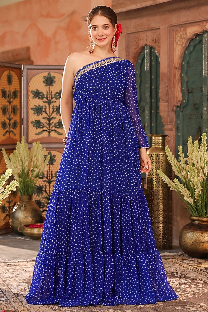 Blue Georgette Bandhani Printed One-Shoulder Maxi Summer Dress by Scakhi Luxe at Pernia's Pop Up Shop