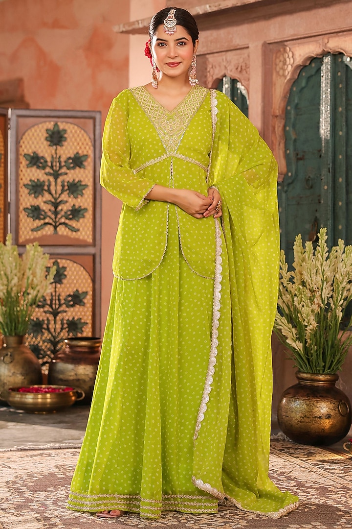 Lime Green Georgette Bandhani Printed Lehenga Set by Scakhi Luxe at Pernia's Pop Up Shop