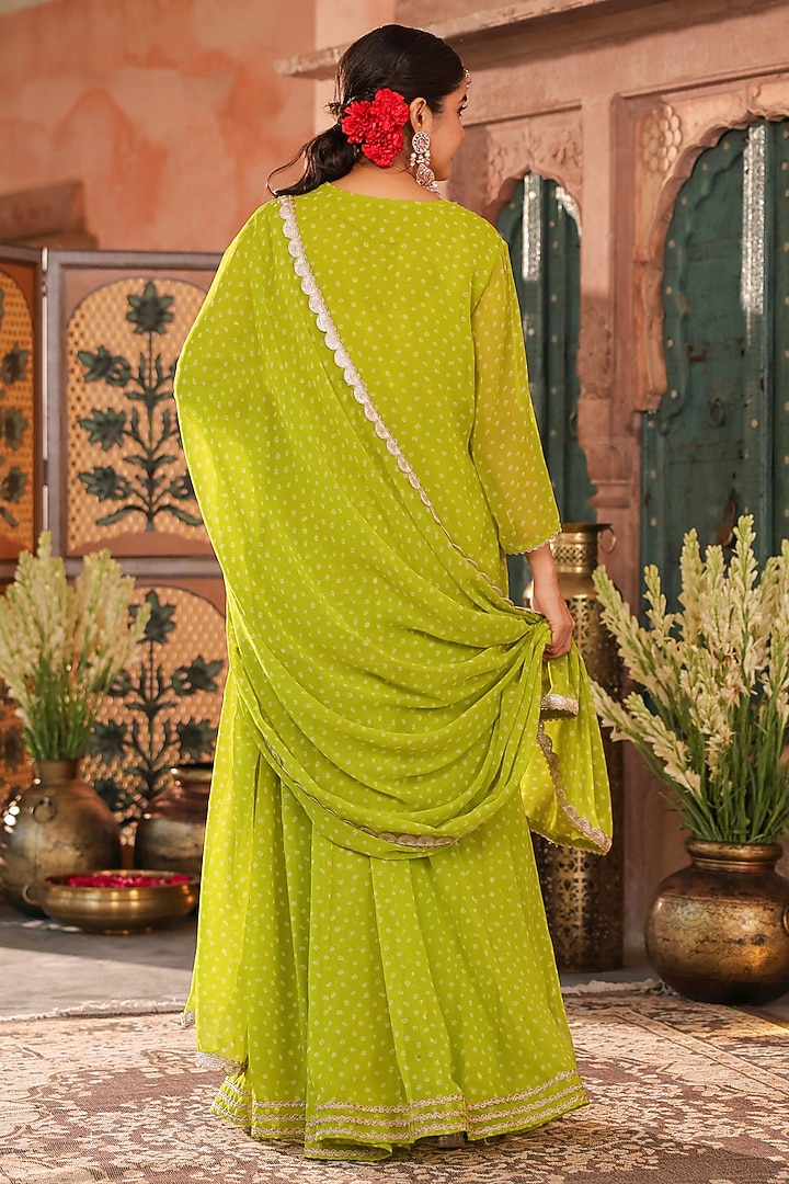 Lime Green Georgette Bandhani Printed Lehenga Set by Scakhi Luxe at Pernia's Pop Up Shop