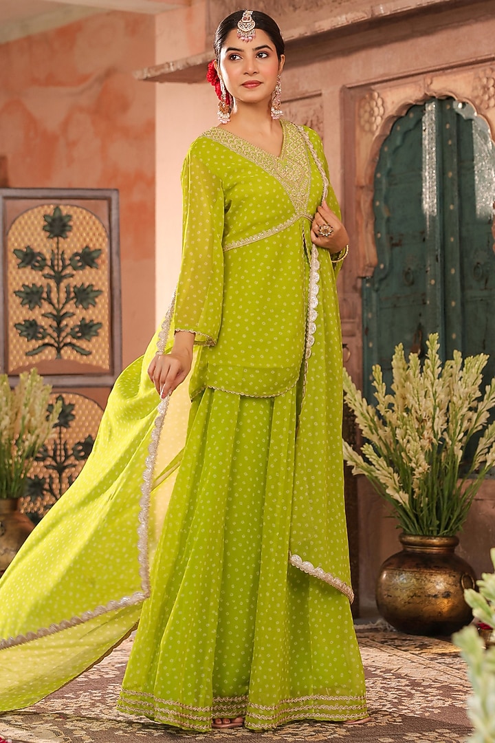 Lime Green Georgette Bandhani Printed Lehenga Set by Scakhi Luxe at Pernia's Pop Up Shop