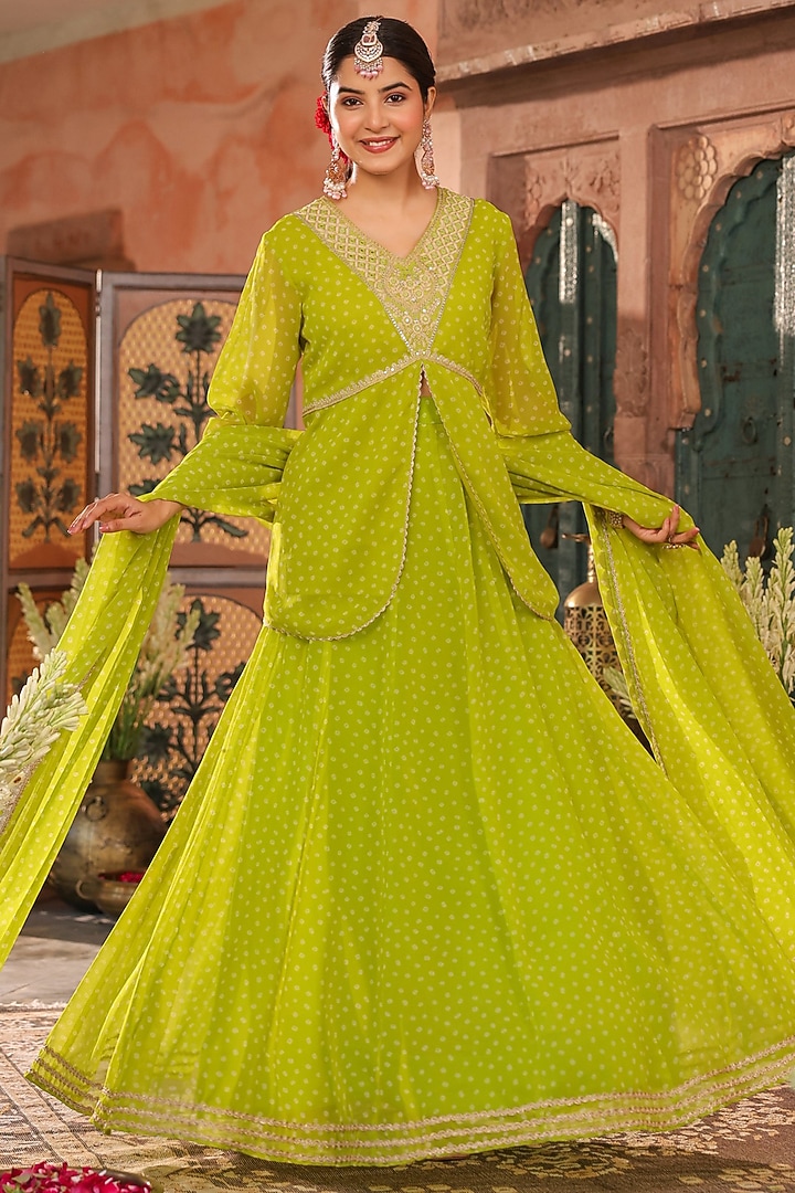 Lime Green Georgette Bandhani Printed Lehenga Set by Scakhi Luxe at Pernia's Pop Up Shop