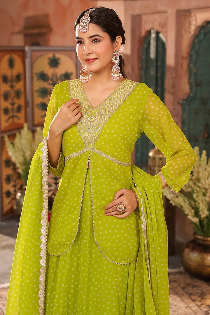 Lime Green Georgette Bandhani Printed Lehenga Set by Scakhi Luxe at Pernia's Pop Up Shop