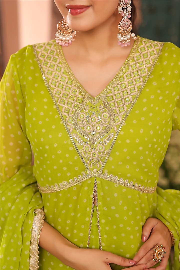 Lime Green Georgette Bandhani Printed Lehenga Set by Scakhi Luxe at Pernia's Pop Up Shop