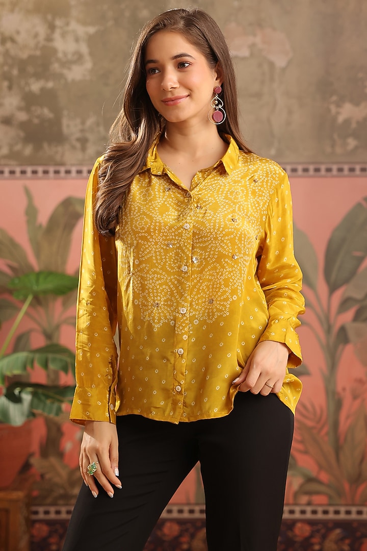 Mustard Crepe Bandhani Printed Shirt by Scakhi Luxe at Pernia's Pop Up Shop