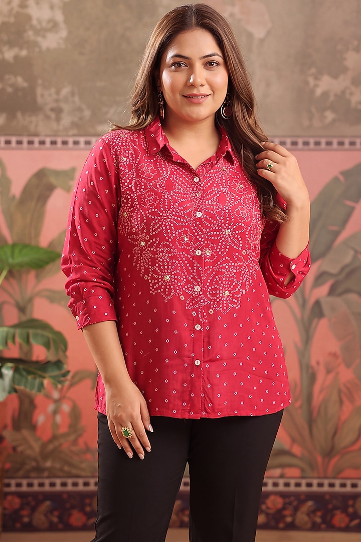 Red Crepe Bandhani Printed Shirt by Scakhi Luxe at Pernia's Pop Up Shop