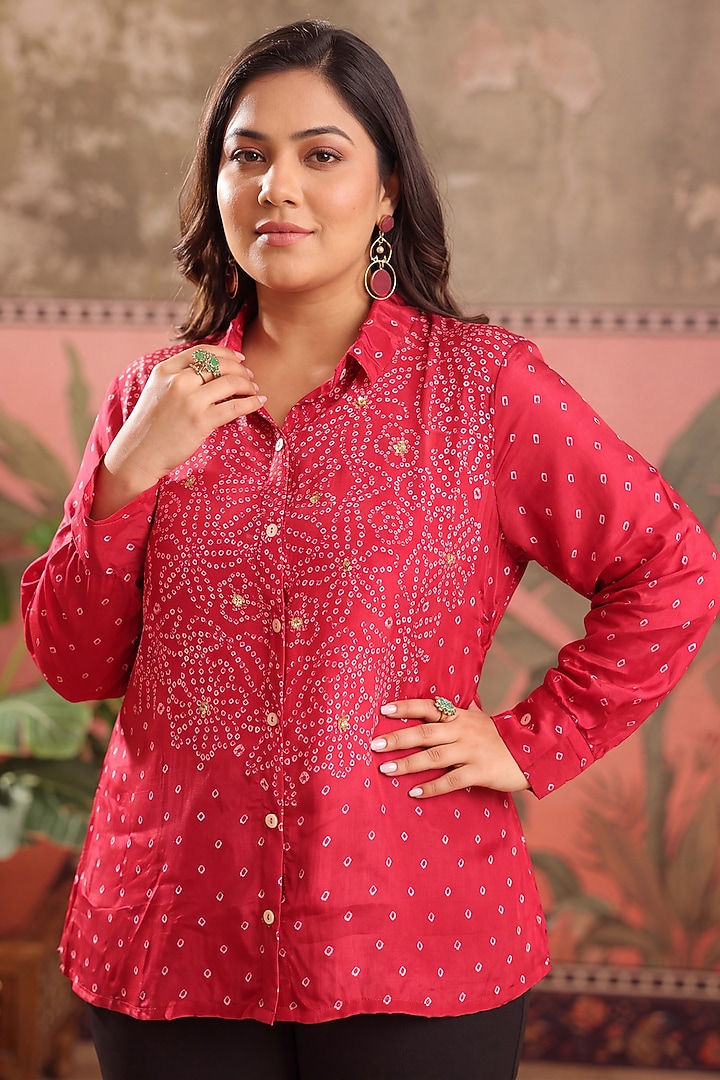 Red Crepe Bandhani Printed Shirt by Scakhi Luxe at Pernia's Pop Up Shop