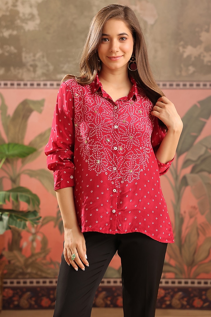 Red Crepe Bandhani Printed Shirt by Scakhi Luxe at Pernia's Pop Up Shop