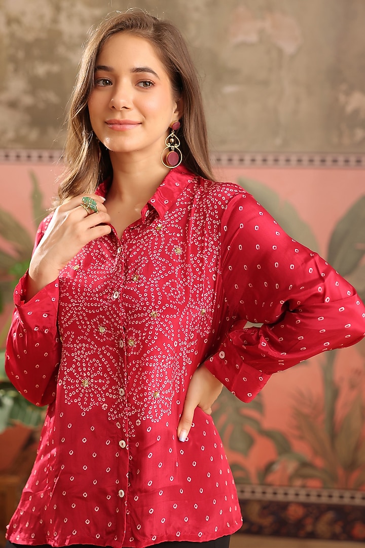 Red Crepe Bandhani Printed Shirt by Scakhi Luxe at Pernia's Pop Up Shop