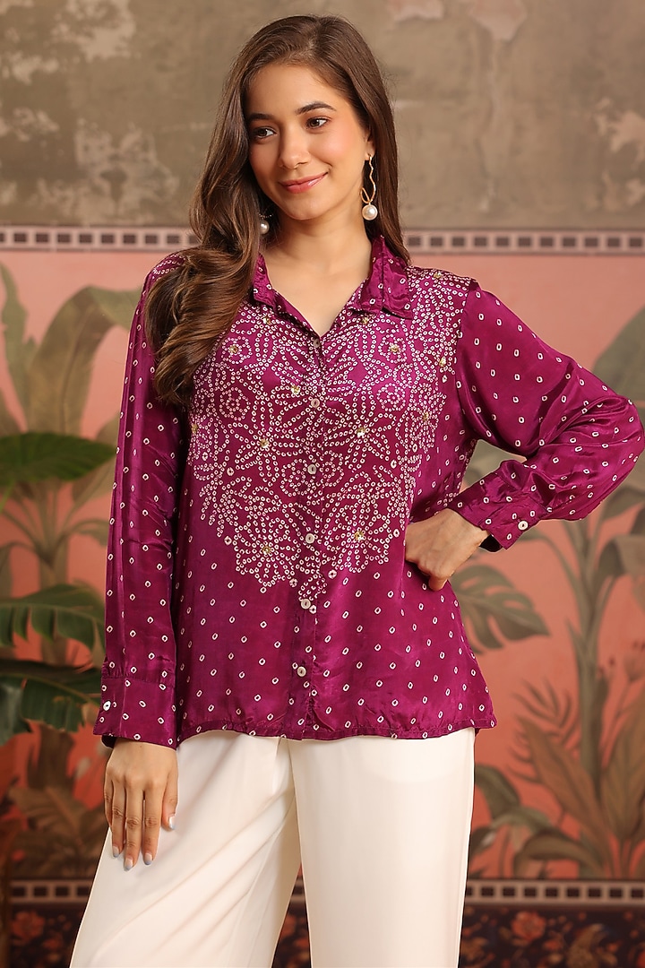 Wine Crepe Bandhani Printed Shirt by Scakhi Luxe at Pernia's Pop Up Shop