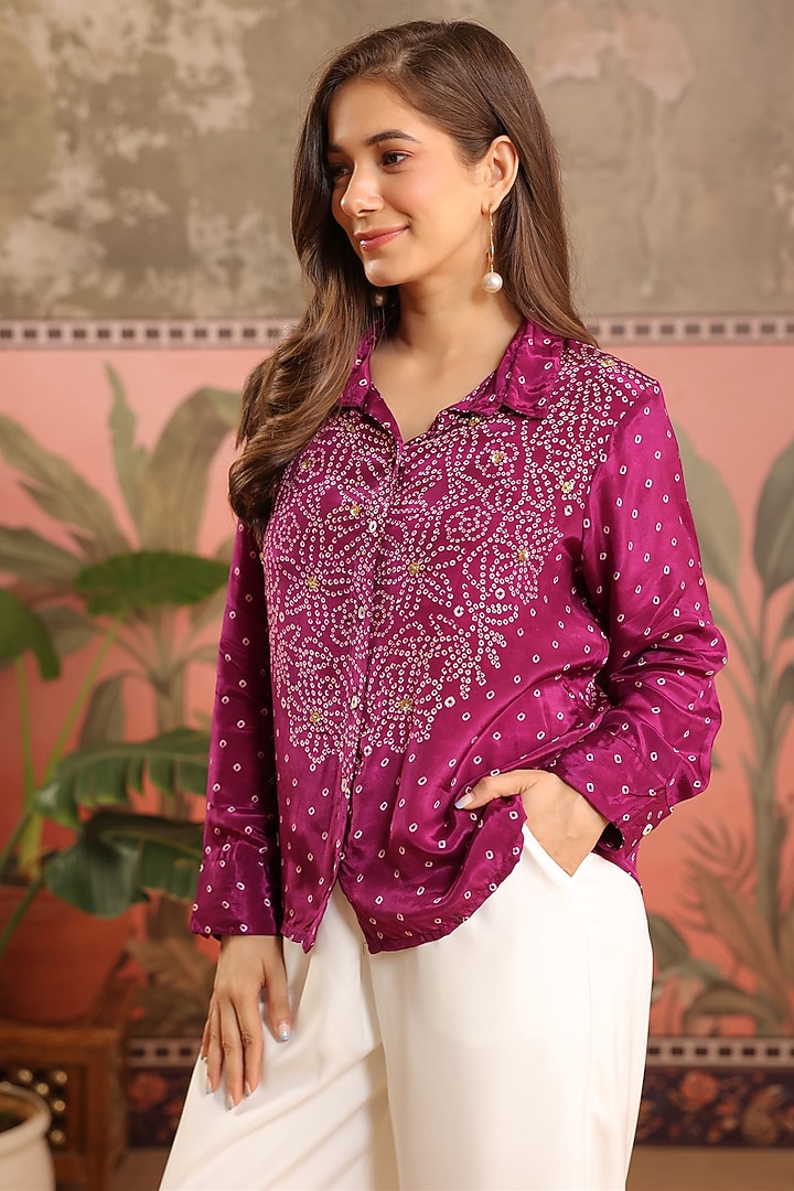 Wine Crepe Bandhani Printed Shirt by Scakhi Luxe at Pernia's Pop Up Shop