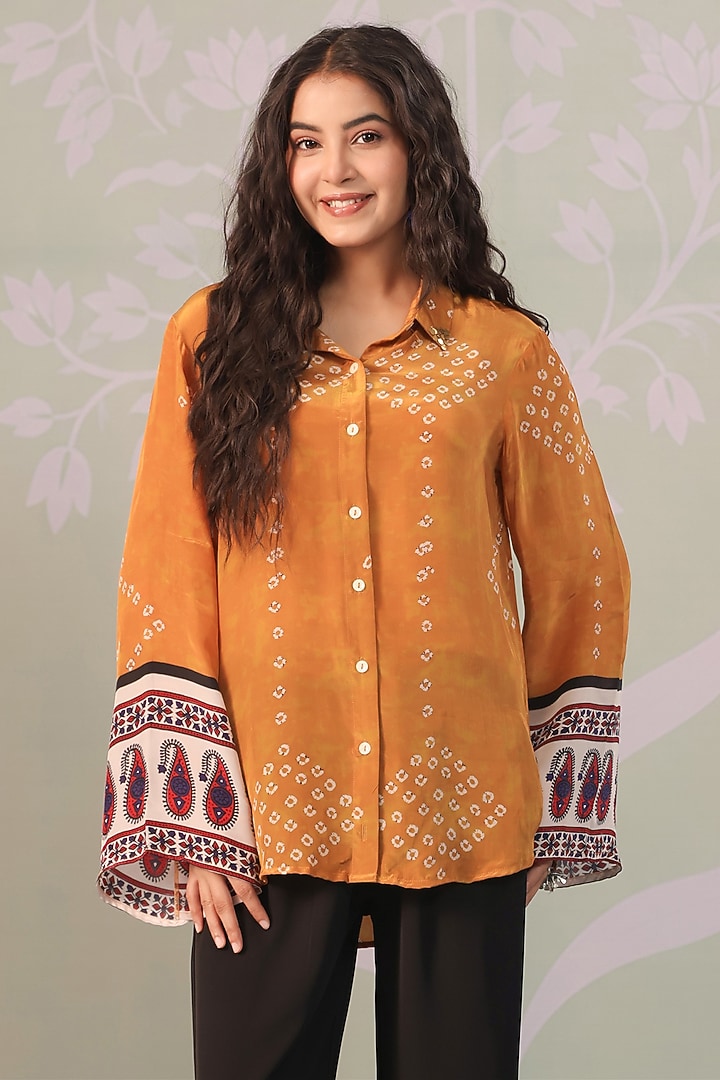 Mustard & Ivory Crepe Bandhani Printed Shirt by Scakhi Luxe at Pernia's Pop Up Shop