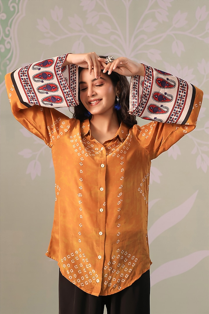 Mustard & Ivory Crepe Bandhani Printed Shirt by Scakhi Luxe at Pernia's Pop Up Shop
