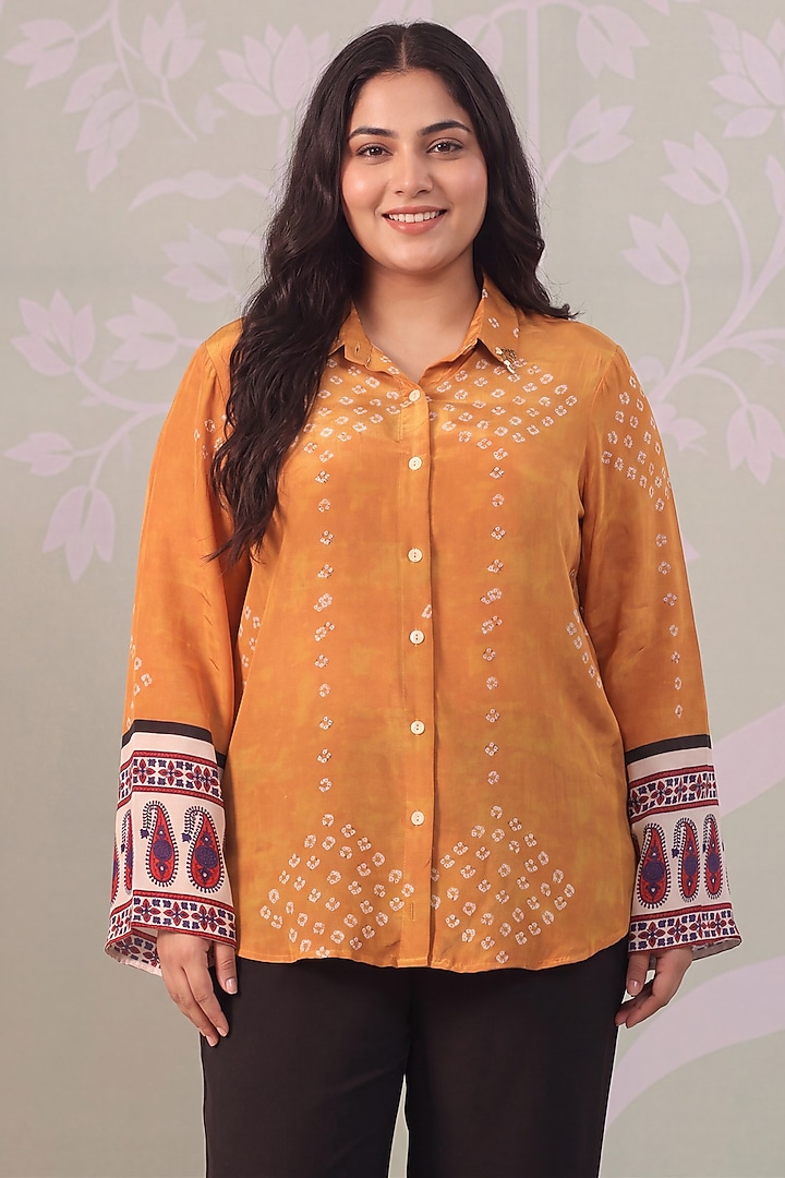 Mustard & Ivory Crepe Bandhani Printed Shirt by Scakhi Luxe at Pernia's Pop Up Shop