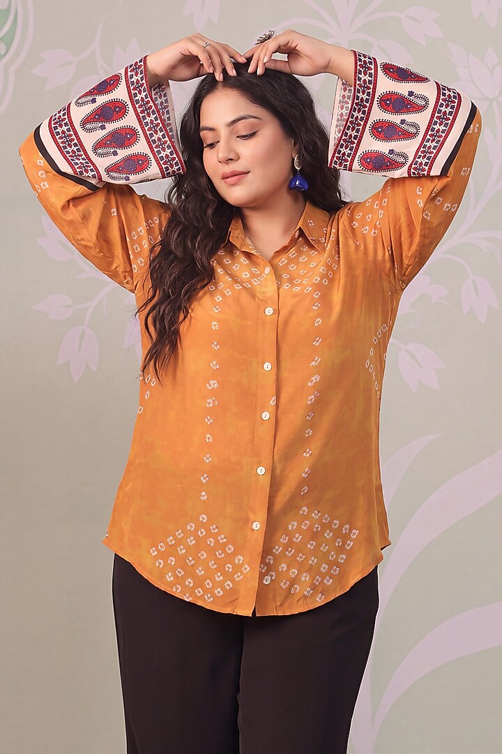 Mustard & Ivory Crepe Bandhani Printed Shirt by Scakhi Luxe at Pernia's Pop Up Shop