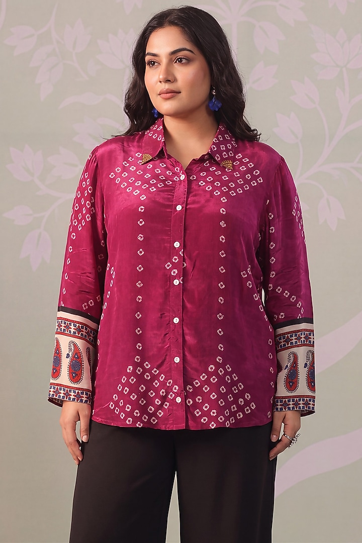 Wine & Ivory Crepe Bandhani Printed Shirt by Scakhi Luxe at Pernia's Pop Up Shop