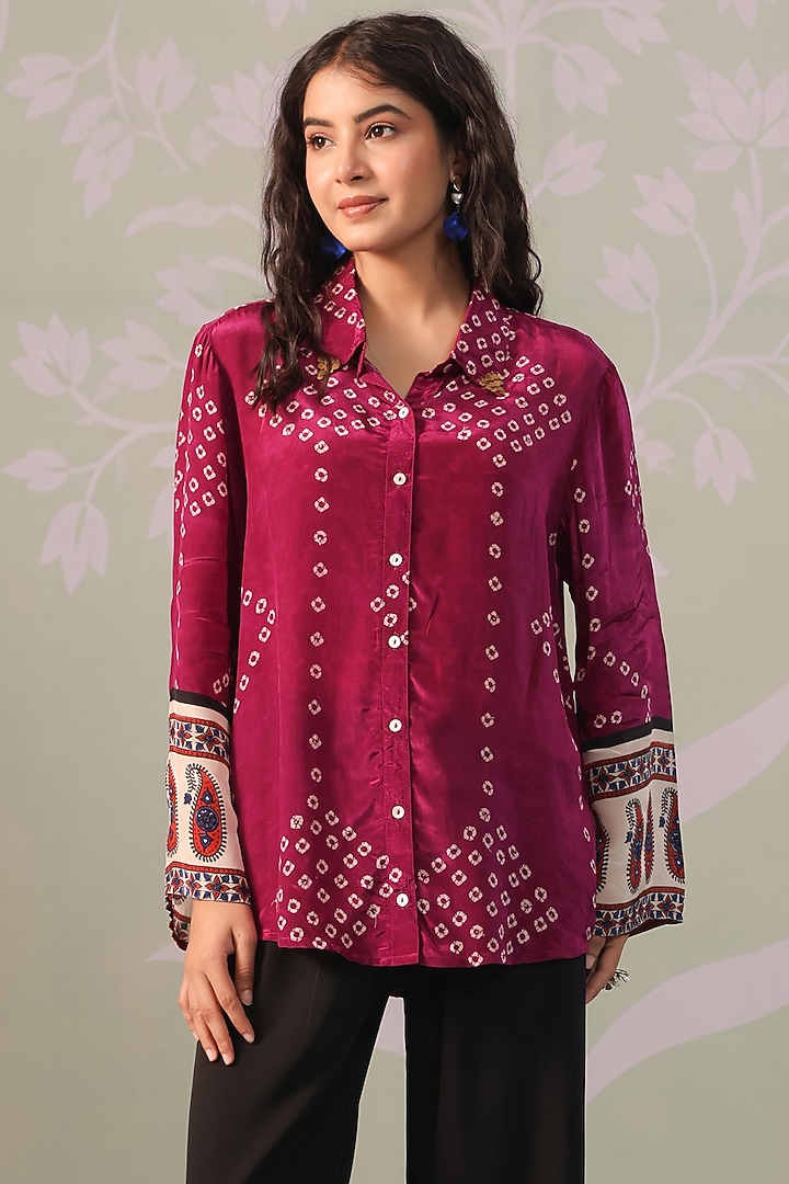 Wine & Ivory Crepe Bandhani Printed Shirt by Scakhi Luxe at Pernia's Pop Up Shop