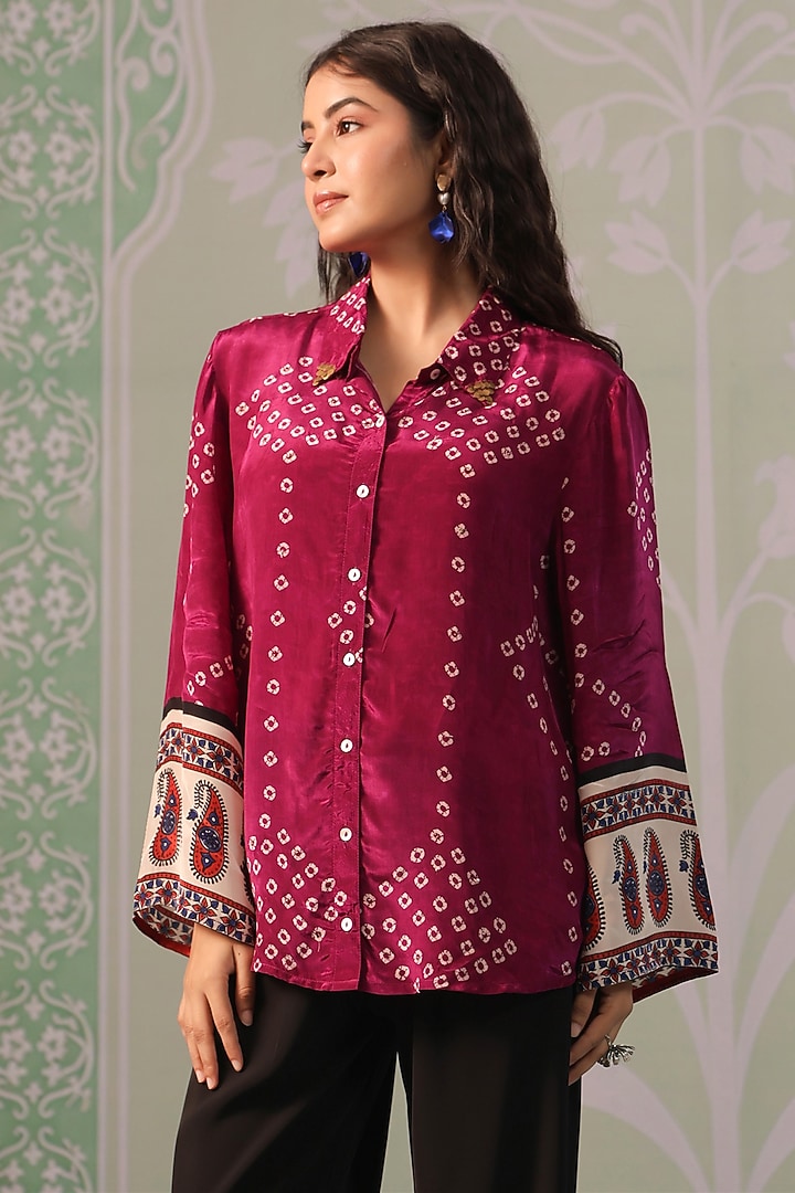 Wine & Ivory Crepe Bandhani Printed Shirt by Scakhi Luxe at Pernia's Pop Up Shop