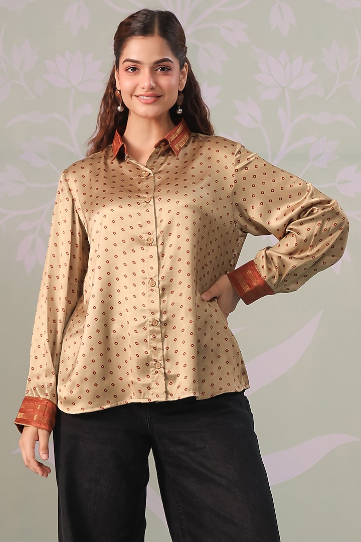 Beige Satin Bandhani Printed Shirt by Scakhi Luxe at Pernia's Pop Up Shop