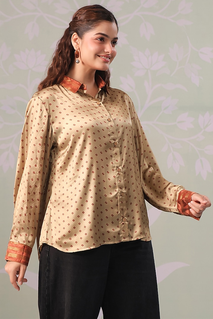 Beige Satin Bandhani Printed Shirt by Scakhi Luxe at Pernia's Pop Up Shop