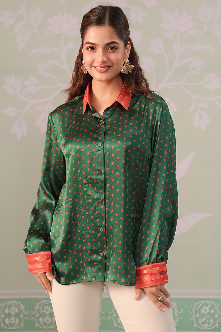 Green Satin Bandhani Printed Shirt by Scakhi Luxe at Pernia's Pop Up Shop