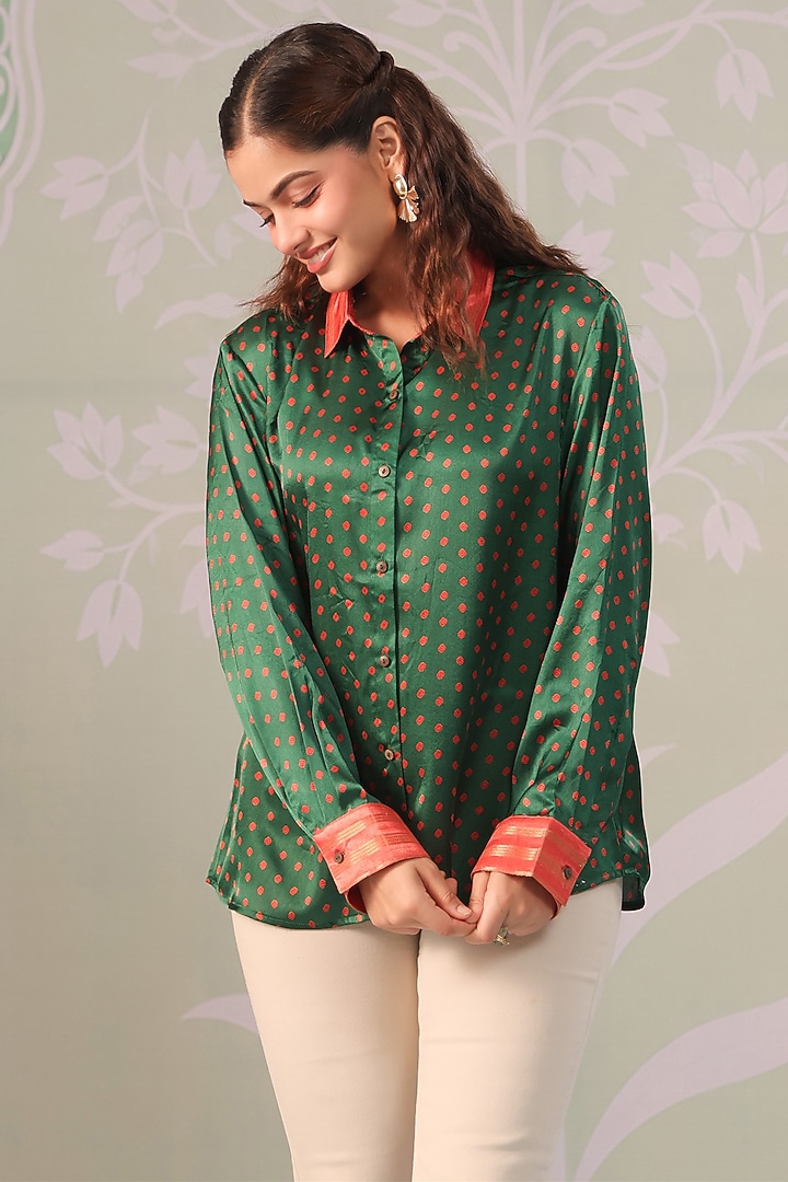 Green Satin Bandhani Printed Shirt by Scakhi Luxe at Pernia's Pop Up Shop