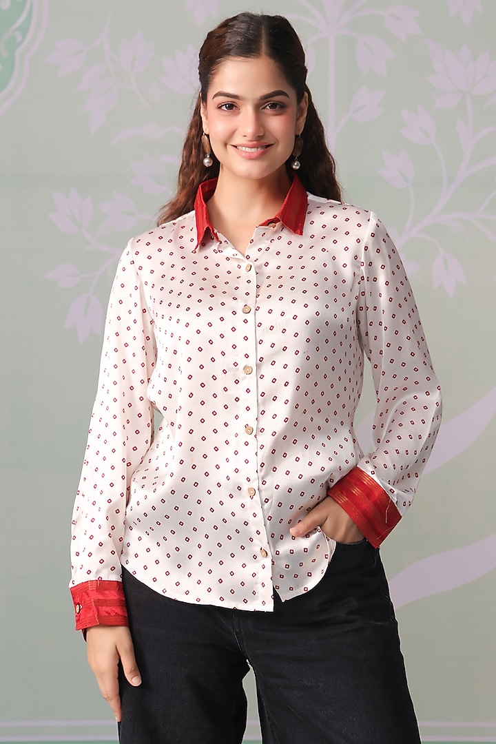 Ivory Satin Bandhani Printed Shirt by Scakhi Luxe at Pernia's Pop Up Shop