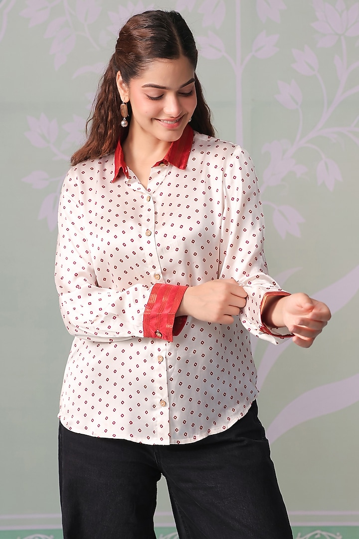 Ivory Satin Bandhani Printed Shirt by Scakhi Luxe at Pernia's Pop Up Shop
