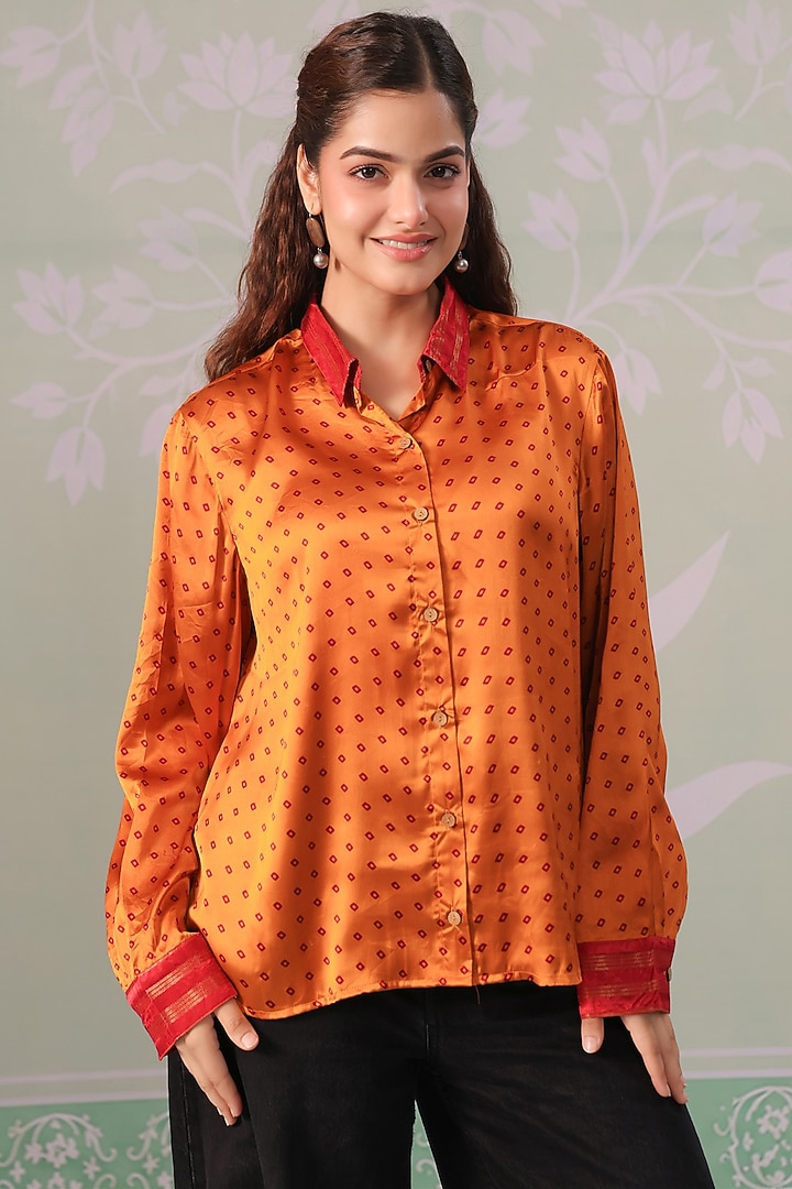 Orange Satin Bandhani Printed Shirt by Scakhi Luxe at Pernia's Pop Up Shop