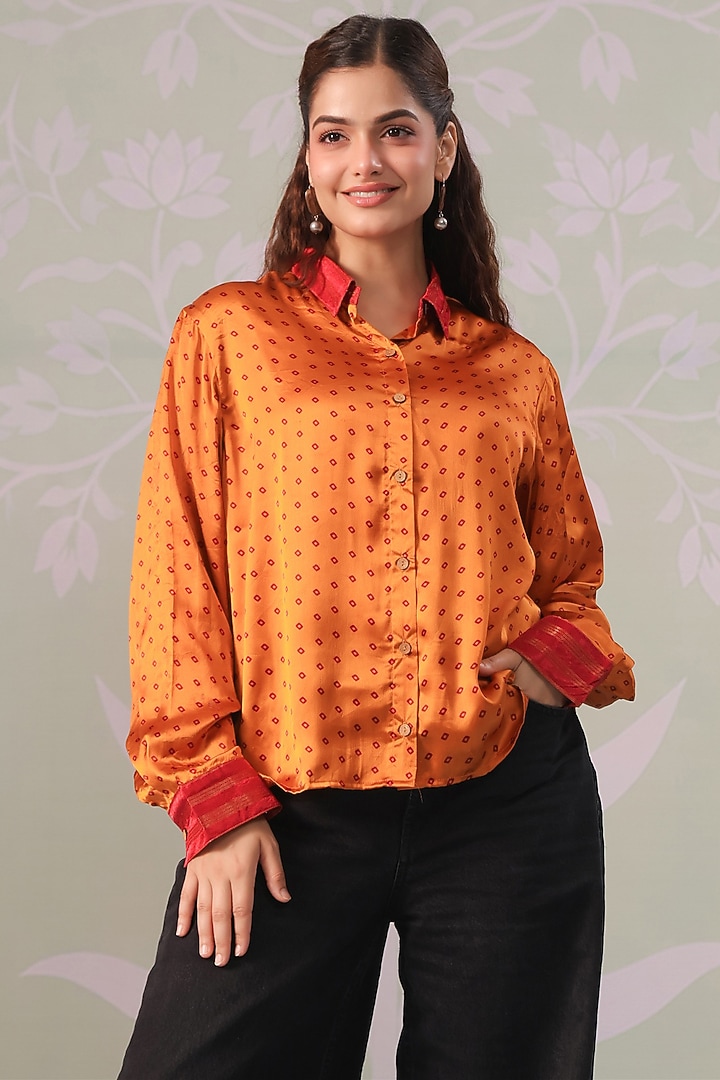 Orange Satin Bandhani Printed Shirt by Scakhi Luxe at Pernia's Pop Up Shop