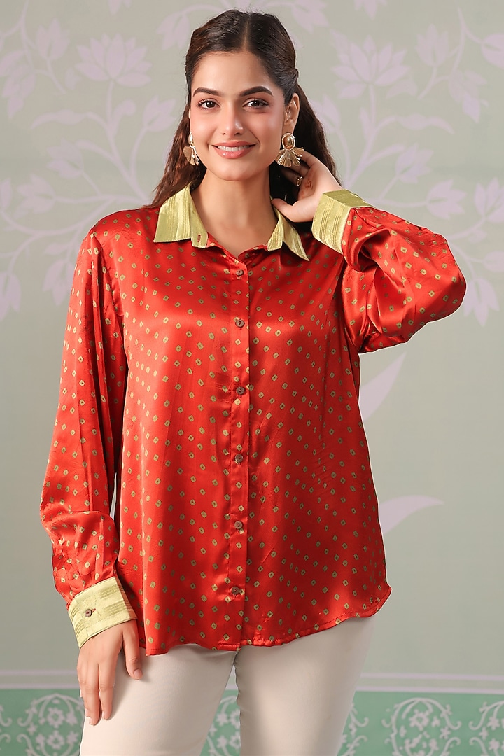 Rust Orange Satin Bandhani Printed Shirt by Scakhi Luxe at Pernia's Pop Up Shop
