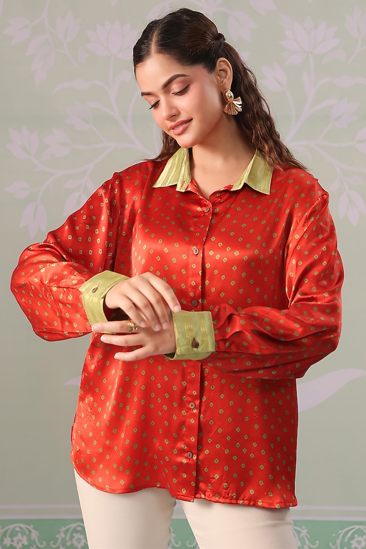 Rust Orange Satin Bandhani Printed Shirt by Scakhi Luxe at Pernia's Pop Up Shop