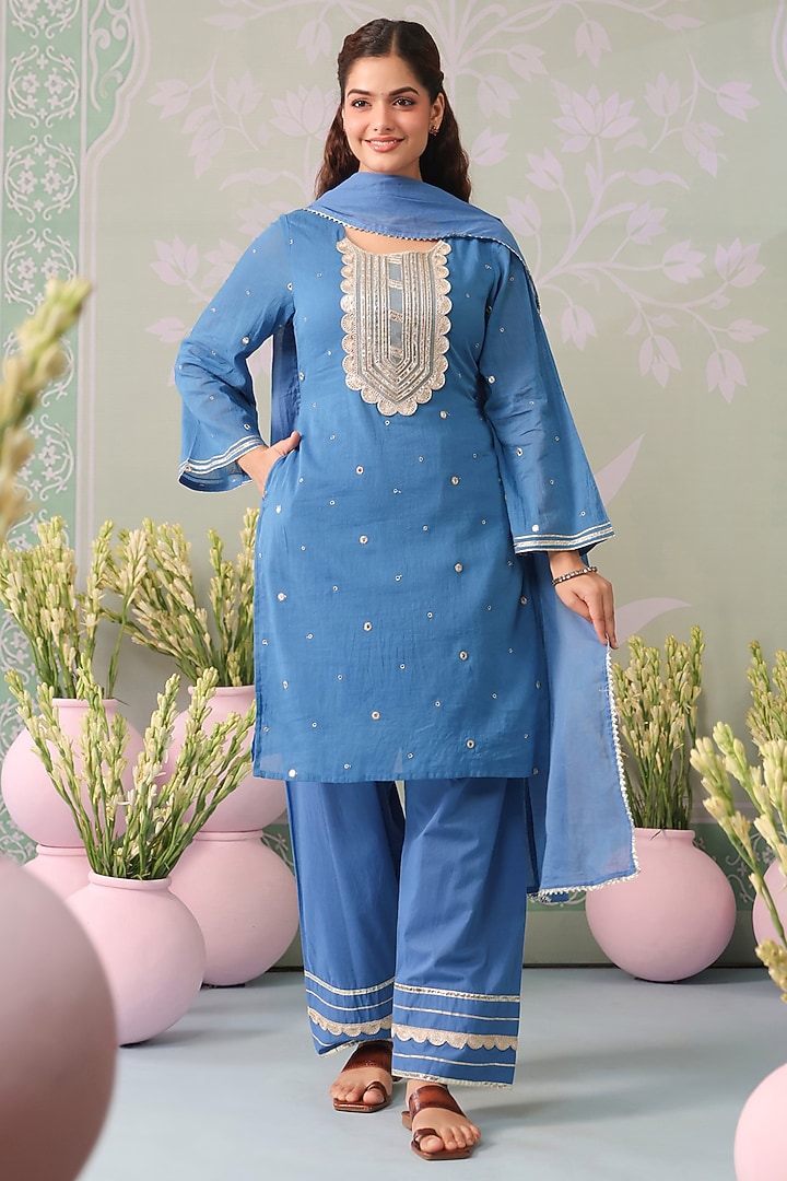 Blue Mulmul Mirror Embroidered Straight Kurta Set by Scakhi Luxe at Pernia's Pop Up Shop