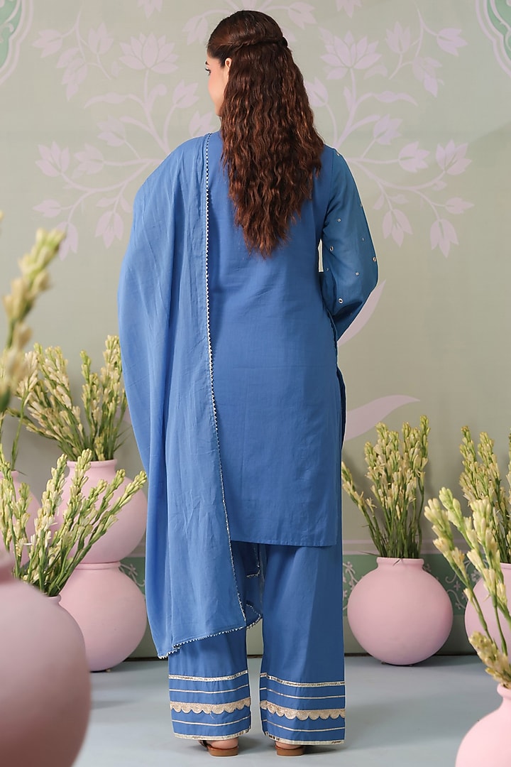 Blue Mulmul Mirror Embroidered Straight Kurta Set by Scakhi Luxe at Pernia's Pop Up Shop