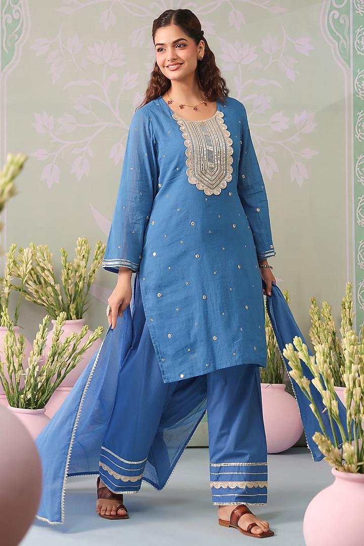 Blue Mulmul Mirror Embroidered Straight Kurta Set by Scakhi Luxe at Pernia's Pop Up Shop