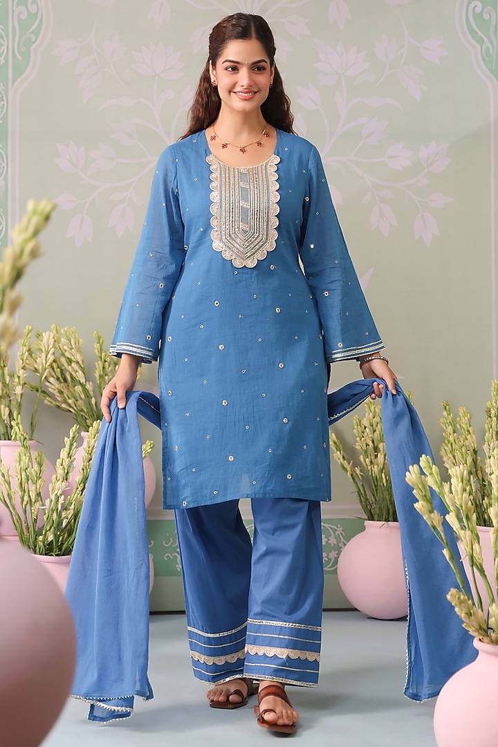 Blue Mulmul Mirror Embroidered Straight Kurta Set by Scakhi Luxe at Pernia's Pop Up Shop