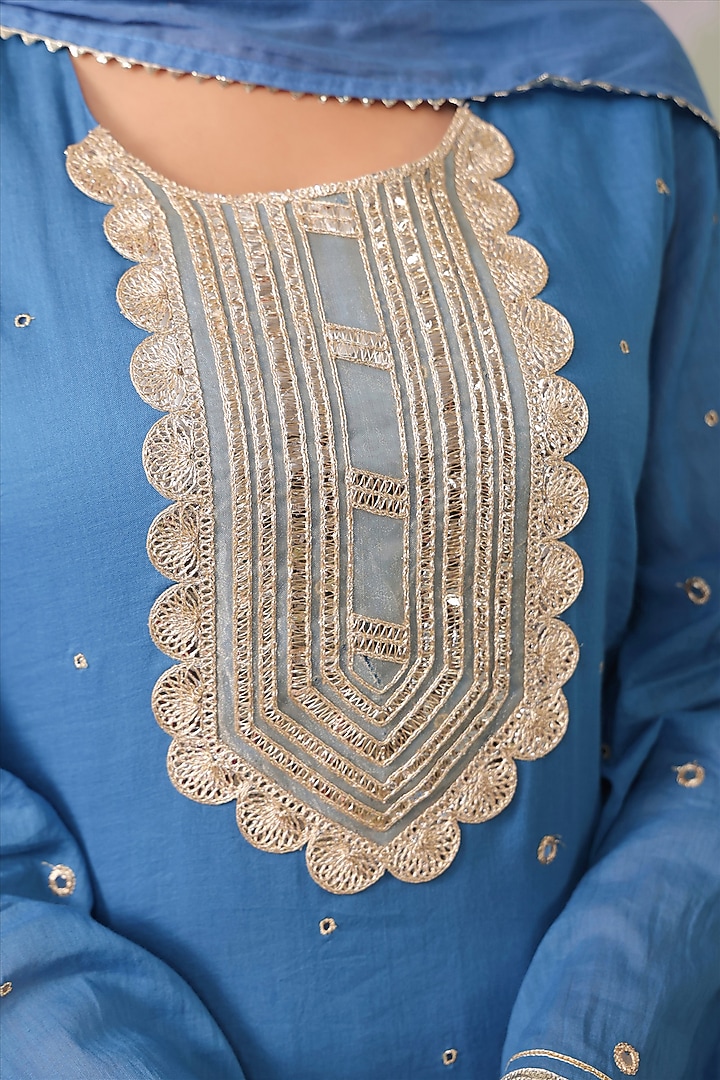 Blue Mulmul Mirror Embroidered Straight Kurta Set by Scakhi Luxe at Pernia's Pop Up Shop